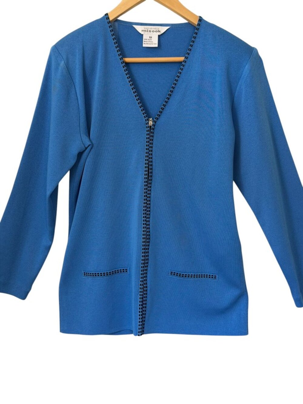 NWOT Exclusively Misook VTG Full-Zip Front V-Neck Knit Cardigan Jacket Blue XS